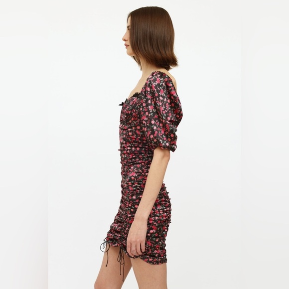 For Love & Lemons Melrose Satin Black and Pink Ruche Mini Puff sleeve dress - Picture 4 of 16